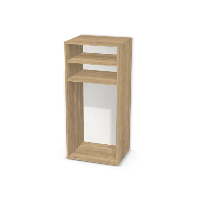 Korpus: Dąb Rovato naturalny jasny (H3322, ST17), Materiał pleców: Plecy z płyty HDF 3 mm (biała), Szerokość: 50 cm, Wysokość: 110 cm, Głębokość: 40,5 cm, Wys. części górnej: 35 cm, Drzwi: Bez frontów, Liczba półek na górze: 1 półka, Liczba półek na dole: Bez półek, Rozmieszczenie półek: Rozmieszczenie symetryczne półek, Typ podstawy: Brak (tylko ślizgacze), System domyku: Otwieranie uchwytem, Zawiasy: Dobór we własnym zakresie (Brak), Uchwyty: Brak uchwytów i brak nawiertów (Brak uchwytów), Podpórki półek: Podpórki Kuadro z zabezpieczeniem (typ 2) (Premium / z zabezp.), Obrzeże korpusu: 0,8 mm