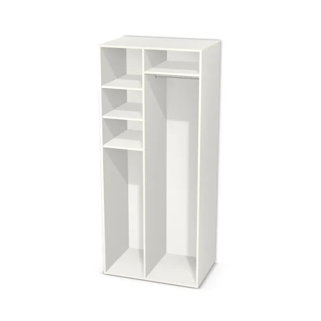 Korpus: Biały klasyczny (W960, SM), Materiał pleców: Plecy z płyty HDF 3 mm (biała), Szerokość: 90 cm, Wysokość: 210,5 cm, Głębokość: 59 cm, Szer. części lewej: 40 cm, Wys. części dolnej (od wieńca dolnego): 190,5 cm, Przestrzeń pod drążkiem (od osi drążka do wieńca dolnego): 180,2 cm, Układ mebla: Po lewej półki, po prawej szafka na wieszaki, Drzwi: Bez frontów, Liczba półek: 3 półki, Rozmieszczenie półek: Własne ustawienie, Typ podstawy: Brak (tylko ślizgacze), System domyku: Otwieranie naciskiem (Tip-On), Zawiasy: Dobór we własnym zakresie (Brak), Uchwyty: Brak uchwytów i brak nawiertów (Brak uchwytów), Podpórki półek: Podpórki Kuadro z zabezpieczeniem (typ 2) (Premium / z zabezp.), Obrzeże korpusu: 0,8 mm, Rodzaj: Zabudowa szeregowa