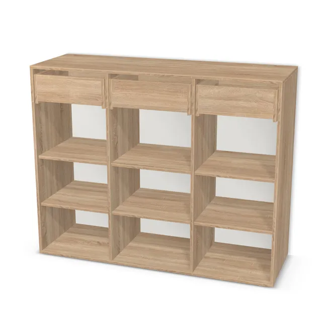 Korpus: Dąb Bardolino naturalny (H1145, ST10), Materiał pleców: Plecy z płyty HDF 3 mm (biała), Szerokość: 150 cm, Wysokość: 120 cm, Głębokość: 50 cm, Głębokość z frontem: 51,8 cm, Szer. części środkowej: 50 cm, Wys. pasa dolnego: 95 cm, Wysokość dolnego frontu: 94,7 cm, Typ wieńca górnego: Wieniec górny nakładany, Fronty: Bez frontów, Liczba półek: 2 półki, Rozmieszczenie półek: Rozmieszczenie symetryczne półek, Typ podstawy: Brak (tylko ślizgacze), System domyku: Otwieranie uchwytem (+Hamulec Blumotion), Prowadnice szuflad: Blum Tandem (Optimum Blum), Zawiasy: Dobór we własnym zakresie (Brak), Uchwyty: Brak uchwytów i brak nawiertów (Brak uchwytów), Uchwyty szuflad: Brak uchwytów i brak nawiertów (Brak uchwytów), Podpórki półek: Podpórki Kuadro z zabezpieczeniem (typ 2) (Premium / z zabezp.), Obrzeże korpusu: 0,8 mm, Rodzaj: Zabudowa szeregowa