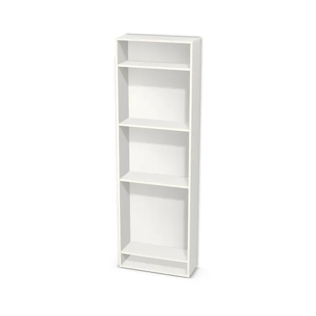 Korpus: Biały klasyczny (W960, SM), Materiał pleców: Plecy z płyty HDF 3 mm (biała), Szerokość: 69 cm, Wysokość: 215 cm, Głębokość: 25 cm, Liczba półek: 4 półki, Rozmieszczenie półek: Własne ustawienie, Typ podstawy: Brak (tylko ślizgacze), Podpórki półek: Podpórki Kuadro z zabezpieczeniem (typ 2) (Premium / z zabezp.), Obrzeże korpusu: 0,8 mm