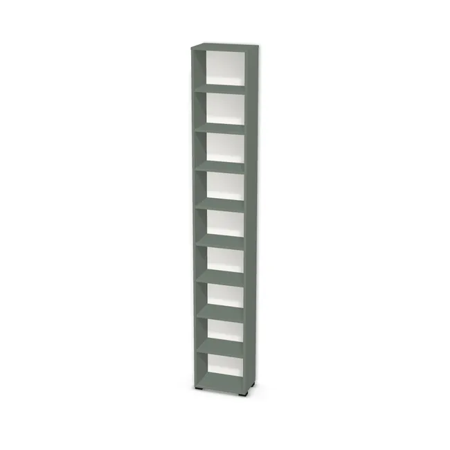 Korpus: Zieleń eukaliptusowa (U604, ST9), Materiał pleców: Plecy z płyty HDF 3 mm (biała), Szerokość: 40 cm, Wysokość: 250 cm, Wysokość z nóżkami: 252 cm, Głębokość: 25 cm, Liczba półek: 8 półek, Rozmieszczenie półek: Rozmieszczenie symetryczne półek, Typ podstawy: Nóżki (wg wyboru), Nóżki: Nóżka Kwadratowa 6601 Bez Regulacji wys.2cm CZARNY MAT (Nóżka 6601 Czarna 2 cm), Podpórki półek: Podpórki Kuadro z zabezpieczeniem (typ 2) (Premium / z zabezp.), Obrzeże korpusu: 2,0 mm
