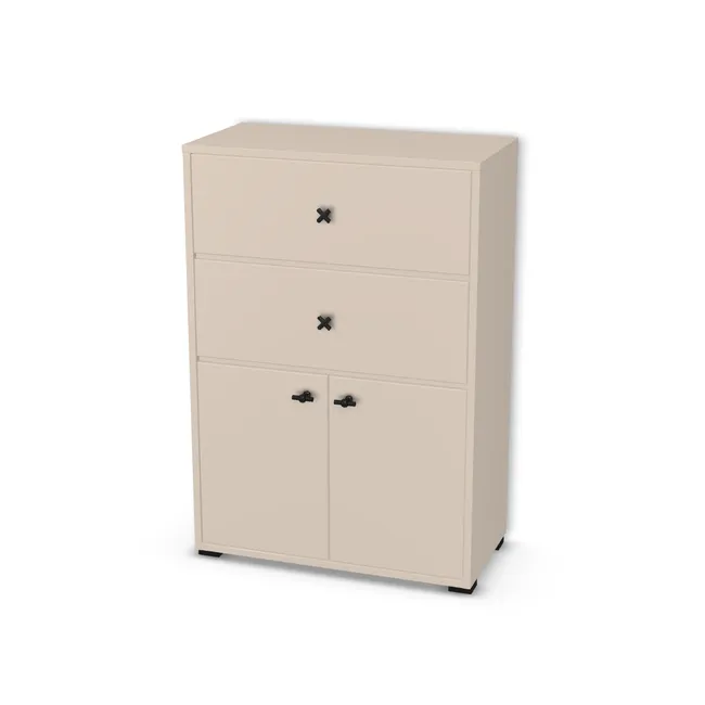 Komoda biurowa z 2 szufladami i drzwiami wpuszczanymi na wymiar. Front: Kaszmir (U702, ST9), Korpus: Kaszmir (U702, ST9). Dopasuj wymiary online. Realizacja: 3 dni roboczych.