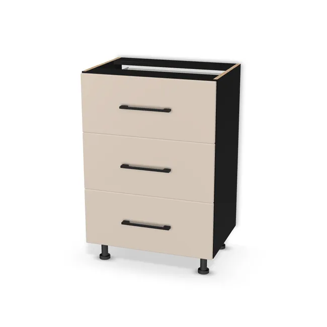 Szafka dolna z konfigurowalnymi szufladami na wymiar. Front: Kaszmir (U702, ST9), Korpus: Czarny (U999, ST7). Dopasuj wymiary online. Realizacja: 3 dni roboczych.