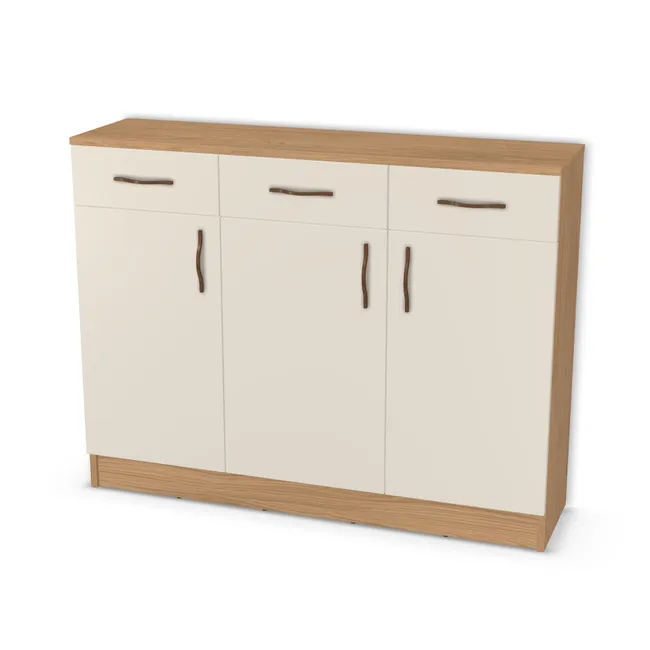Komoda z 3 szufladami nad drzwiami na wymiar. Front: Szary Angora (U705, ST9), Korpus: Dąb Casella naturalny (H1385, ST40). Dopasuj wymiary online. Realizacja: 3 dni roboczych.