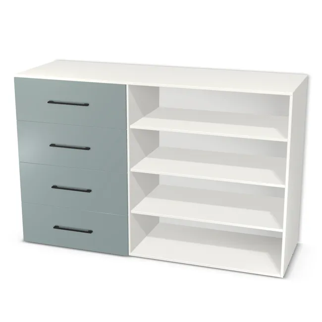 Komoda 2 segmenty z szufladami i drzwiami na wymiar. Front: Zieleń Fjord (U636, ST9), Korpus: Biały klasyczny (W960, ST7). Dopasuj wymiary online. Realizacja: 3 dni roboczych.