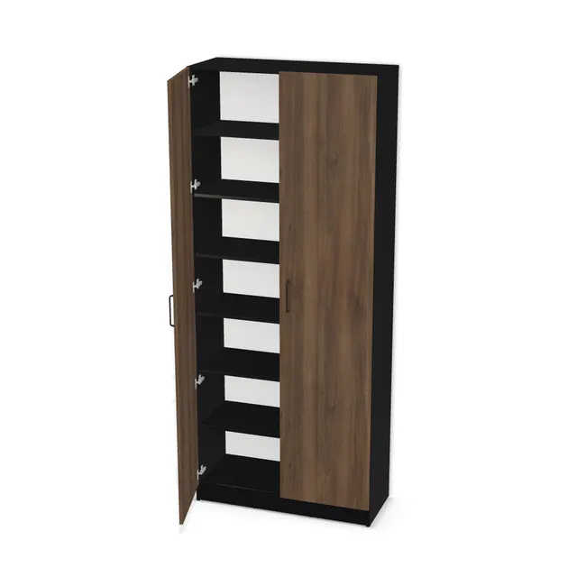 Szafa z półkami i podwójnymi drzwiami na wymiar. Front: Orzech Pacific tabak (H3702, ST10) Usłojenie Pionowe, Korpus: Czarny (U999, ST7). Dopasuj wymiary online. Realizacja: 3 dni roboczych.