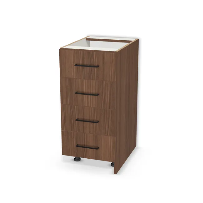 Szafka dolna z 4 szufladami na wymiar. Front: Drewno Bolivar brązowe (H3787, ST19) Usłojenie Pionowe, Korpus: Biały klasyczny (W960, SM). Dopasuj wymiary online. Realizacja: 3 dni roboczych.