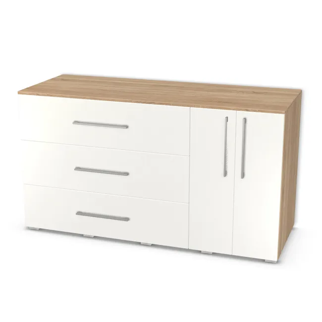 Komoda 2 segmenty z szufladami i drzwiami na wymiar. Front: Biały klasyczny (W960, SM), Korpus: Dąb Bardolino naturalny (H1145, ST10). Dopasuj wymiary online. Realizacja: 3 dni roboczych.