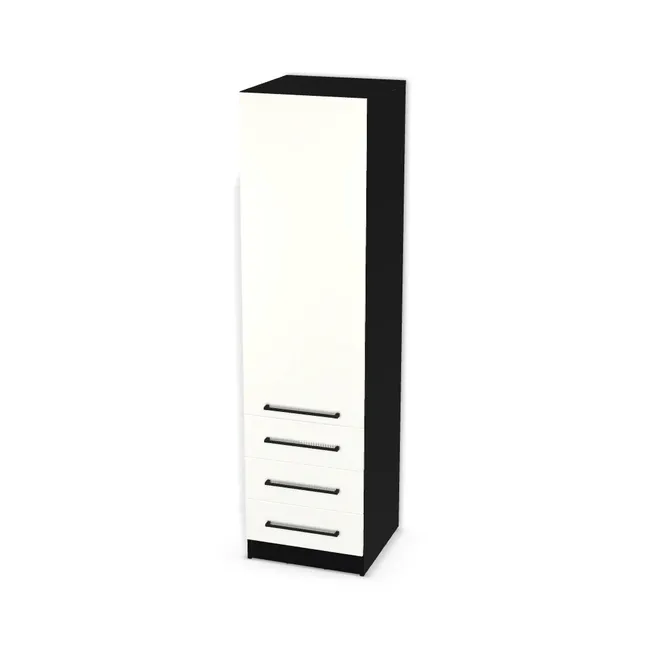 Szafa z szufladami, półkami i pojedynczymi drzwiami na wymiar. Front: Biały alpejski (W1100, ST9), Korpus: Czarny (U999, ST19). Dopasuj wymiary online. Realizacja: 3 dni roboczych.