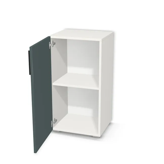 Szafa z półkami i pojedynczymi drzwiami na wymiar. Front: Zielony kamienny (U665, PM), Korpus: Biały klasyczny (W960, SM). Dopasuj wymiary online. Realizacja: 3 dni roboczych.