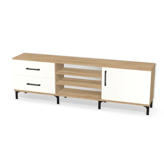 Szafka RTV stojąca na wymiar. Front: Biały alpejski (W1100, ST9), Korpus: Dąb Nebraska naturalny (H3331, ST10). Dopasuj wymiary online. Realizacja: 3 dni roboczych.