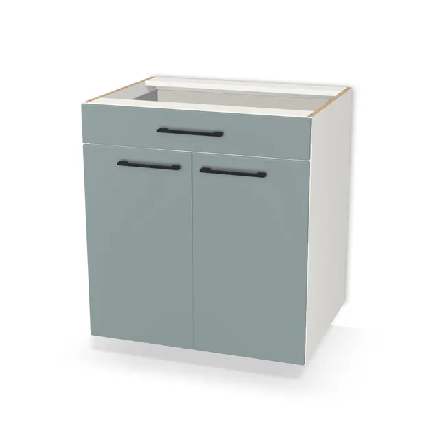 Szafka dolna z szufladą i drzwiami na wymiar. Front: Zieleń Fjord (U636, ST9), Korpus: Biały klasyczny (W960, SM). Dopasuj wymiary online. Realizacja: 3 dni roboczych.