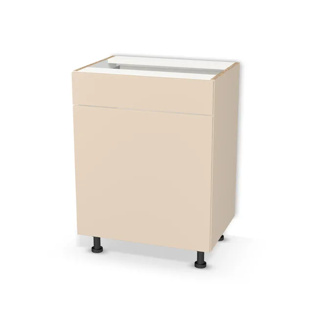 Szafka dolna z szufladą i drzwiami na wymiar. Front: Beż piaskowy (U156, ST9), Korpus: Biel Alpejska (WU8685, BS). Dopasuj wymiary online. Realizacja: 3 dni roboczych.