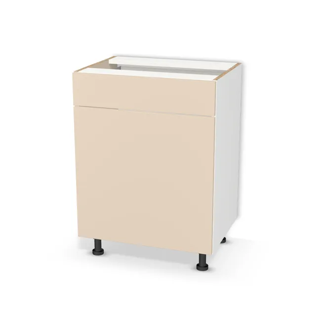 Szafka dolna z szufladą i drzwiami na wymiar. Front: Beż piaskowy (U156, ST9), Korpus: Biel Alpejska (WU8685, BS). Dopasuj wymiary online. Realizacja: 3 dni roboczych.