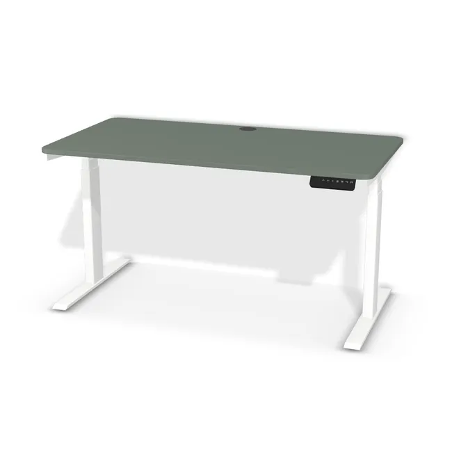 Biurko na stelażu elektrycznym na wymiar. Blat: Zieleń eukaliptusowa (U604, ST9, 18mm). Dopasuj wymiary online. Realizacja: 3 dni roboczych.
