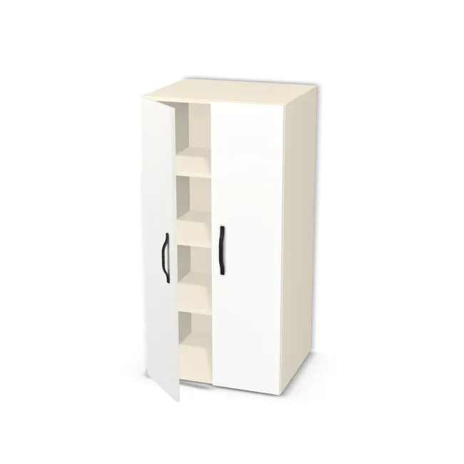 Szafa z półkami i podwójnymi drzwiami na wymiar. Front: Biel Alpejska (WU8685, BS), Korpus: Beż Came (U216, ST9). Dopasuj wymiary online. Realizacja: 3 dni roboczych.