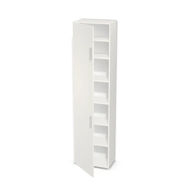 Szafa z nadstawką, półkami i pojedynczymi drzwiami na wymiar. Front: Biały klasyczny (W960, SM), Korpus: Biały klasyczny (W960, SM). Dopasuj wymiary online. Realizacja: 3 dni roboczych.