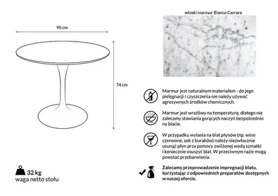 Stół okrągły TULIP Marble Carrara 90 - biały