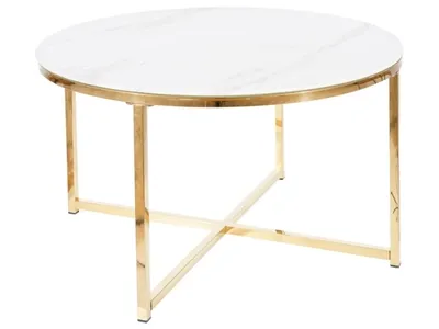 Ława okrągła SALMA 80 cm - biały efekt marmuru/złoty