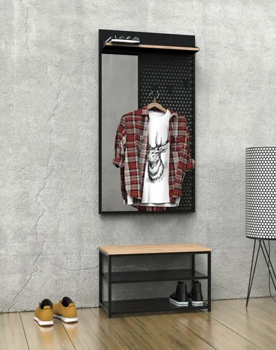 Szeroki wieszak ścienny z półką i lustrem LOFT