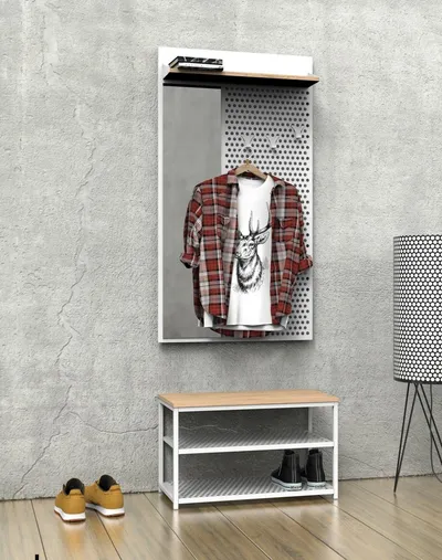 Szeroki wieszak ścienny z półką i lustrem LOFT
