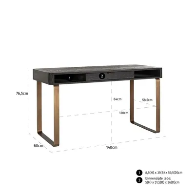 Biurko BLACKBONE BRASS 140x60 - czarny fornir/mosiądz
