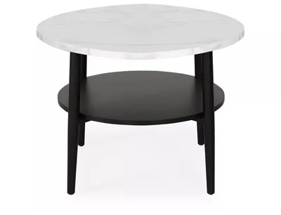 Stolik okrągły z półką ELLA B 60 cm - biały marmur/czarny