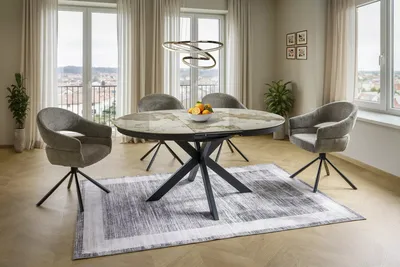 Stół okrągły rozkładany PORTO CERAMIC 120/160x120 - biały połysk/czarny