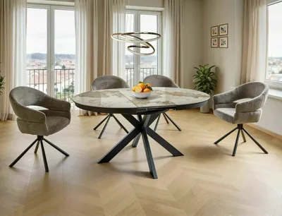 Stół okrągły rozkładany PORTO CERAMIC 120/160x120 - biały połysk/czarny