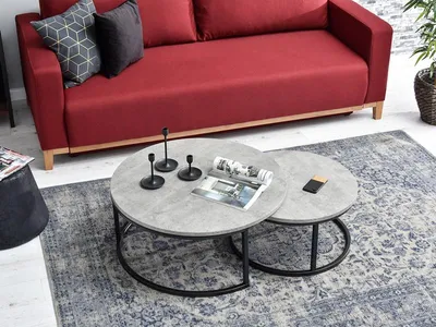 Zestaw okrągłych stolików KODIA S+XL - beton /czarne nogi