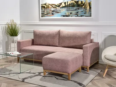 Sofa rozkładana SKANDYNAWIA - pudrowy róż/dąb
