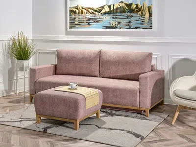 Sofa rozkładana SKANDYNAWIA - pudrowy róż/dąb