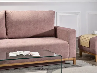 Sofa rozkładana SKANDYNAWIA - pudrowy róż/dąb