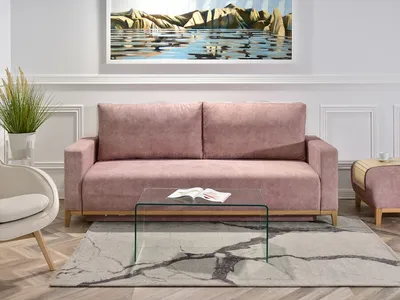 Sofa rozkładana SKANDYNAWIA - pudrowy róż/dąb