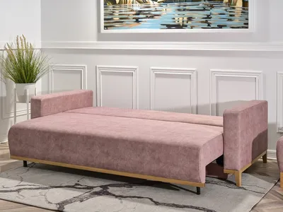 Sofa rozkładana SKANDYNAWIA - pudrowy róż/dąb
