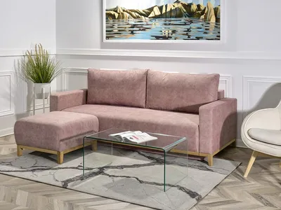 Sofa rozkładana SKANDYNAWIA - pudrowy róż/dąb