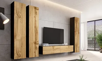 Szafka RTV 2-drzwiowa wisząca VIDAGO 180 cm - dąb wotan/czarny mat