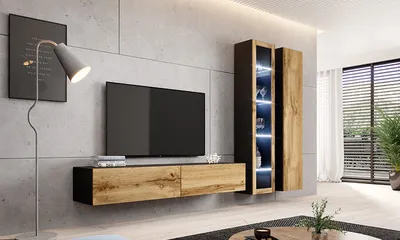 Szafka RTV 2-drzwiowa wisząca VIDAGO 180 cm - dąb wotan/czarny mat