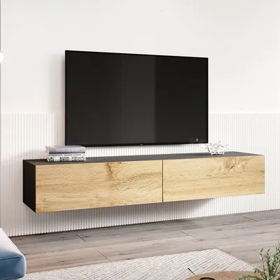 Szafka RTV 2-drzwiowa wisząca VIDAGO 180 cm - dąb wotan/czarny mat