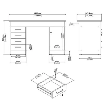 Biurko 1-drzwiowe z czterema szufladami FUNCTION 4S1D - biały/beton