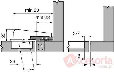 Zawias MODUL - nikiel / 95° / ze sprężyną / drzwi równoległe wpuszczane / puszka: na wkręty