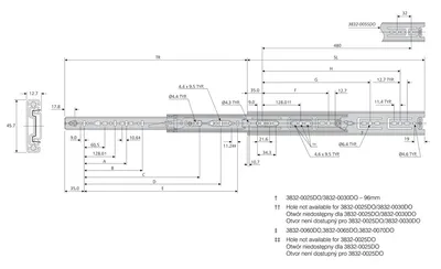 Prowadnica kulkowa DZ3832-DO / dł. 55 cm / 45 kg / wysuw 100%
