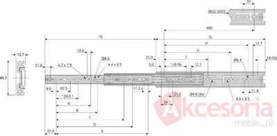 Prowadnica kulkowa 3832 40cm 45kg Wysuw 100% Biała Accuride