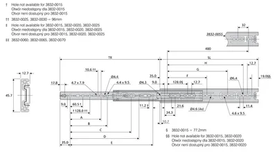 Prowadnica kulkowa antykorozyjna DH3832 / dł. 55 cm / 45 kg / wysuw 100% 