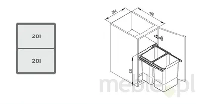 Pojemnik na odpady JC602  KB=400 NL=450 H=440 WYSOKI PODWÓJNY (2x20L) tworzywo sztuczne srebrny DS