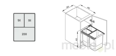 Pojemnik na odpady JC601 KB=400 NL=450 H=440 WYSOKI POTRÓJNY (2x9L/1x20L) tworzywo sztuczne srebrny DS
