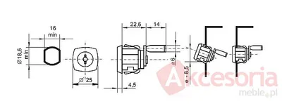 rysunek techniczny Zamek do drzwi metalowych Siso X-44/D - chrom