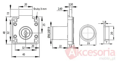 rysunek techniczny Zamek Kwadratowy X-850 Lewy