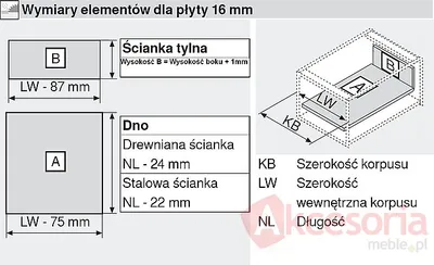 Tandembox TYŁ SZARY (H199mm/dł.277mm) Do Wysokości Boku D=198mm Szer.Korpusu 40cm