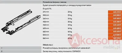 Tandembox TIP-ON PROWADNICE 559 Dł.40cm Wysuw100% 30kg